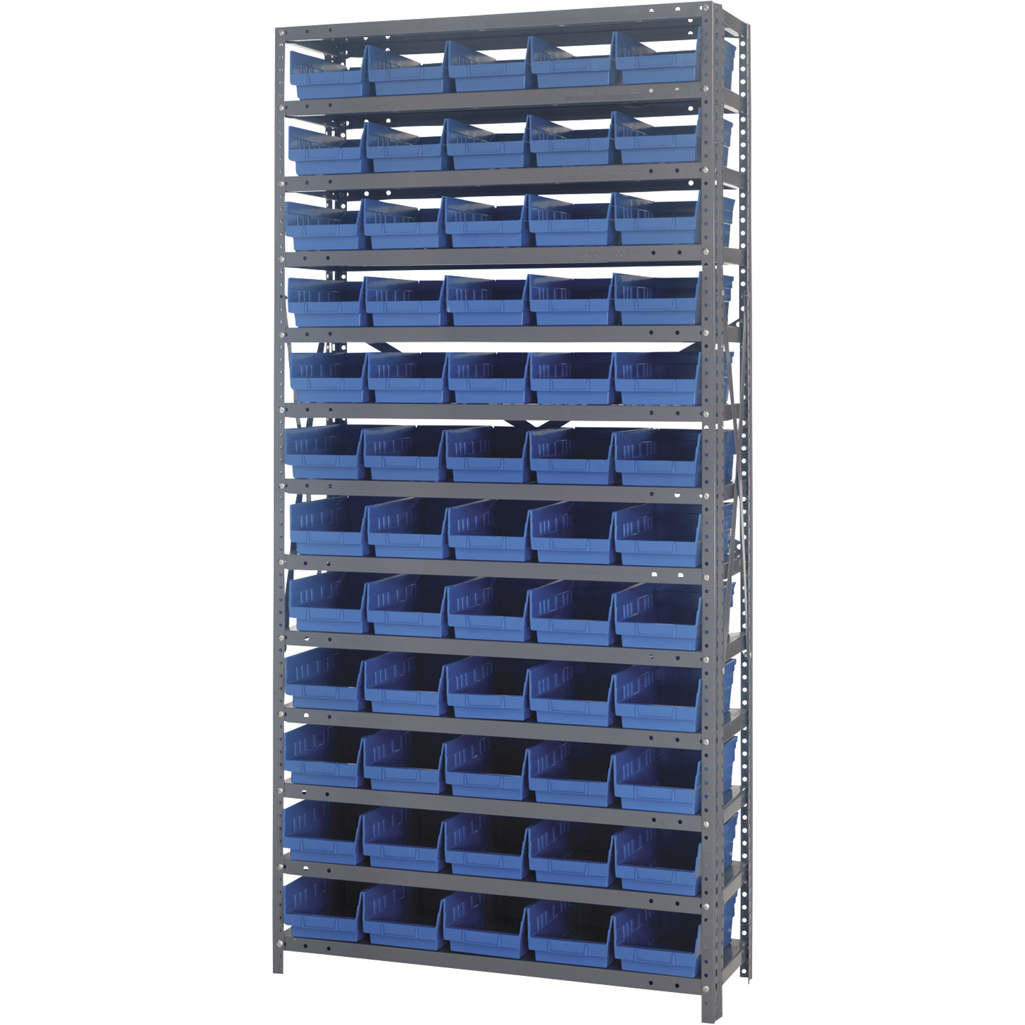 Quantum Storage Single Side Metal Shelving Unit With 60 Bins, 12in. x 36in. x 75in. Rack Size, Blue, Model# 1275-102BL